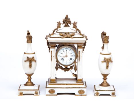 AN UNUSUAL 19TH CENTURY FRENCH WHITE MARBLE AND GILT BRASS MOUNTED MANTEL CLOCK GARNITURE, the portico clock with convex pain