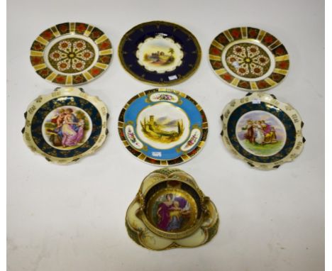 A ROYAL WORCESTER CABINET PLATE, with a view of Raglan Castle, by R. Rushton, 11" (28cm); a pair of Derby Imari pattern plate