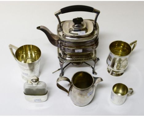 A HEAVY SILVER-PLATE TEA KETTLE ON WARMING STAND, with lamp, the ogee-shaped rectangular kettle with an ebony handle on a pie