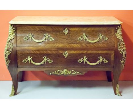 A VERY ATTRACTIVE BOMBE SHAPED ORMOLU MOUNTED FRENCH COMMODE, with yellow variegated and moulded marble top, above two drawer