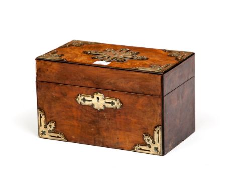 A VICTORIAN BRASS-MOUNTED WALNUT TEA CADDY, of rectangular form, with two lidded internal compartments, 9.5" (24cm) wide. (1)