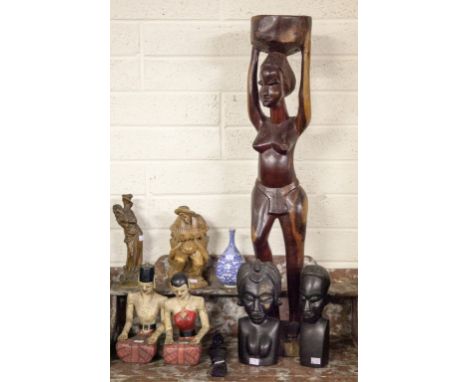 A PAIR OF CARVED WOODEN INDIAN FIGURES, modelled with figures seated, a composition figure of a classical woman, a carved woo