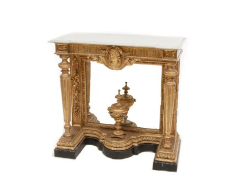 A VERY ATTRACTIVE 19TH CENTURY GILT CONSOLE TABLE, the white moulded marble top of inverted breakfront outline, above a flute