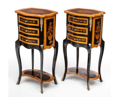 A PAIR OF SERPENTINE-SHAPED EBONISED MARQUETRY AND SATINWOOD BANDED PETITE COMMODES, each of serpentine form with three drawe