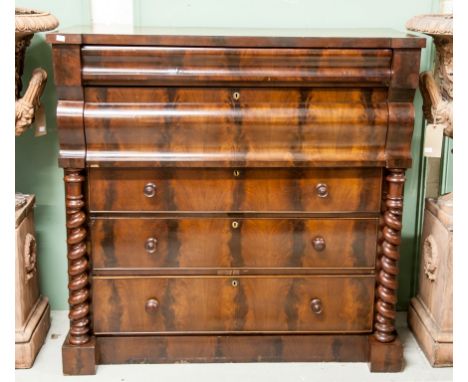 A VICTORIAN MAHOGANY SCOTCH CHEST, of inverted breakfront outline with an arrangement of five long drawers, on an inverted br