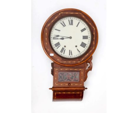 A 19TH CENTURY INLAID AND GRAINED ROSEWOOD DROP-DIAL WALL CLOCK, the painted dial with Roman numerals, above a rectangular gl