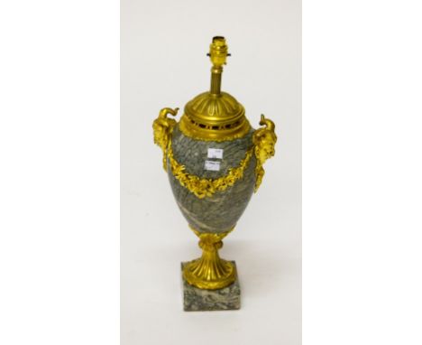 A GOOD HEAVY GILT-BRASS AND GREEN MARBLE URN-SHAPED TABLE LAMP, applied with grotesque masks and hanging floral garlands, on 