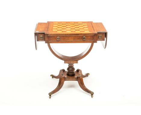 A GOOD REGENCY STYLE BRASS INLAID ROSEWOOD GAMES TABLE, probably late 19th century, with slide out reversible top for chess a