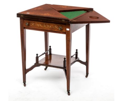 AN EDWARDIAN INLAID AND GRAINED ROSEWOOD ENVELOPE CARD TABLE, the top inlaid with urns issuing scrolling foliage, the four en