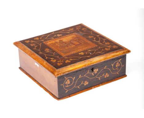 A 19TH CENTURY VICTORIAN KILLARNEY YEW WOOD AND MARQUETRY BOX, the hinged cover inlaid with scrolling shamrocks and a centre 