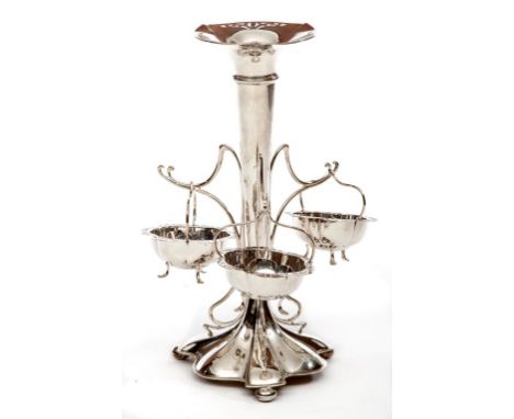 AN ART NOUVEAU SILVER TABLE CENTRE OR EPERGNE, Sheffield 1907, with centre cone, with pierced edge and three hanging baskets,