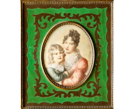 A SET OF THREE OVAL MINIATURE PORTRAIT PAINTINGS, one depicting mother and child, the other two depicting elegant ladies, eac