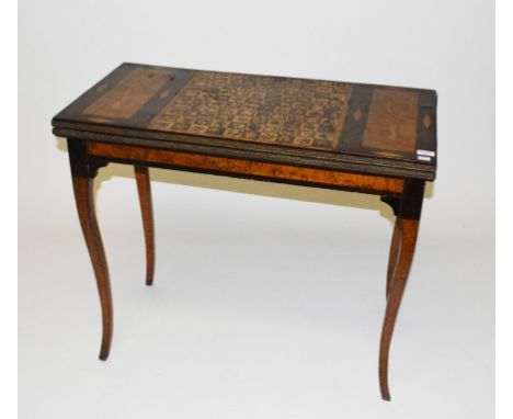 A RECTANGULAR INLAID FOLD-OVER CARD TABLE, late 19th century or early 20th century, the top with two inlaid satinwood panels,