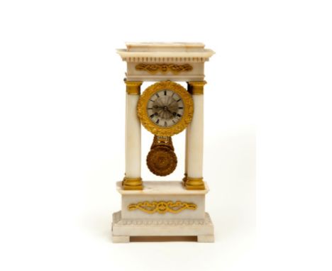 A 19TH CENTURY FRENCH PORTICO ALABASTER MANTEL CLOCK, by Derville of Lyon, the machine turned silverised dial with Roman nume