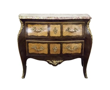 AN ATTRACTIVE SERPENTINE-SHAPED FRENCH BOMBE COMMODE, with marble top above two drawers, raised on shaped legs, with brass mo