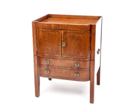 A LATE GEORGIAN PERIOD EBONY-STRUNG MAHOGANY BEDSIDE NIGHT-TIME COMMODE, with moulded gallery above two cupboard doors and do