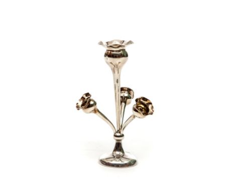 AN UNUSUAL ART NOUVEAU SILVER TABLE CENTRE OR EPERGNE, with three flower-head arm vases, and a conforming centre vase, on a c