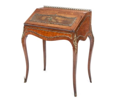A LATE 19TH CENTURY ROSEWOOD AND GRAINED ROSEWOOD BUREAU DE DAME, in the Verni Martin style, with brass gallery above a slope