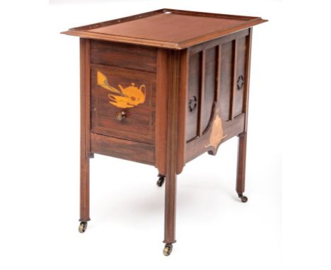 A VERY UNUSUAL ART NOUVEAU INLAID MAHOGANY OCCASIONAL TABLE, with rectangular tray-type top and concealed drawer to side pane