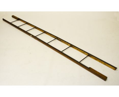 AN OLD ELM AND IRON MOUNTED SEVEN STEP LIBRARY FOLDOVER PULL-OUT LADDER, 98" (249cm). (1) 