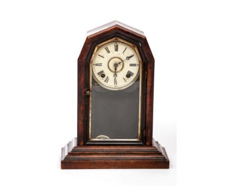 A LATE 19TH CENTURY AND EARLY 20TH CENTURY AMERICAN WALNUT CASED PENDULUM MANTEL CLOCK, with circular painted dial and Roman 