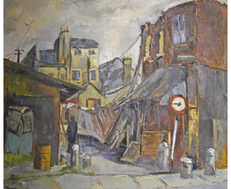  R. JENNARD, Anglesea Lane, Old Dublin, oil on canvas, indistinctly signed and inscribed, old exhibition label verso, 20” (50