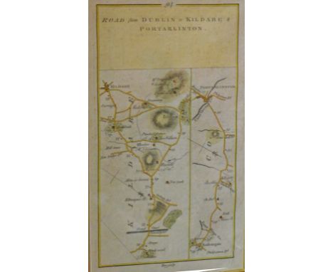 A PAIR OF ATTRACTIVE HAND COLOURED MAPS, 19th century, one showing the Road from Dublin to Kildare and Portarlington, and a f