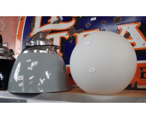 A LARGE GREY INDUSTRIAL STYLE HANGING LAMP with polished aluminum fitting and a white glass lamp globe (2)