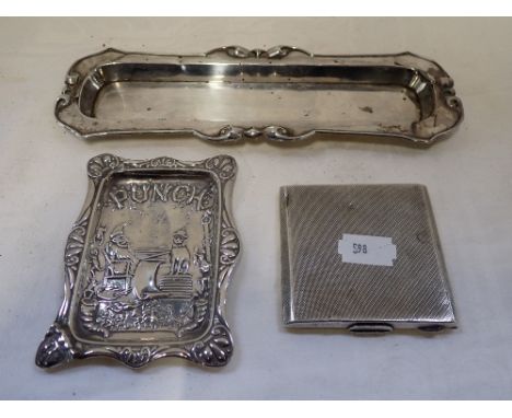 A SILVER ENGINE TURNED CIGARETTE CASE, silver pen tray and silver dish (c.5.3oz) (3)