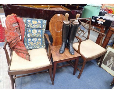 A GEORGE III MAHOGANY HALL CHAIR with oval panel back and a pair of Chinese style armchairs