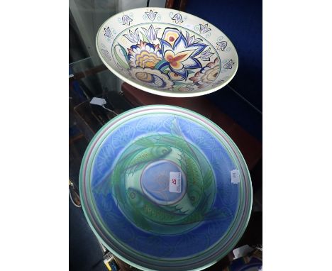POOLE POTTERY: A FOOTED 'CARP' BOWL, designed by Sally Tuffin 27cm dia, and a Studio bowl, decorated in the HX pattern by Kar