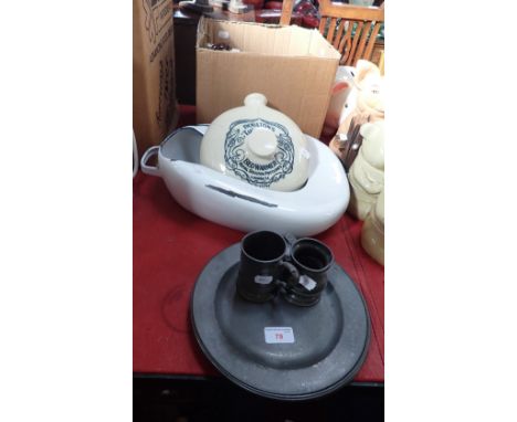 A DOULTON STONEWARE BED WARMER, an enamel bed pan, a collection of Vintage electric plugs, two pewter plates and two similar 