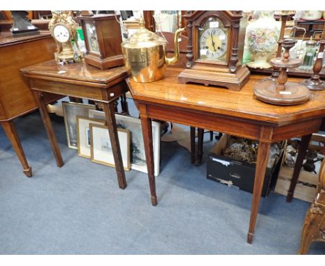 A GEORGE III STYLE MAHOGANY CARD TABLE of small proportions, the flame-figured rectangular top opening to reveal a baize-line
