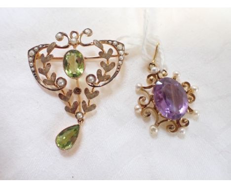 AN EDWARDIAN AMETHYST AND SEED PEARL BROOCH, together with a pendant (2)