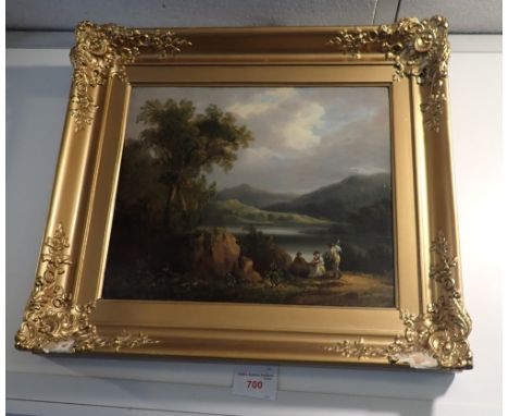 TRAVELLERS BY A LAKE, with mountains to the distance, oil on panel with old framer's label to the back