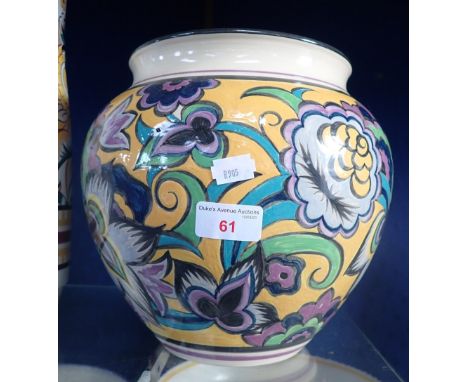 POOLE POTTERY: A 'ONE OFF' JARDINIERE, decorated with stylised flowers on a yellow ground, painted by Lorna Whitmarsh, thrown