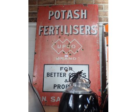 A VINTAGE ENAMEL SIGH, 'POTASH FERTILISERS UPCO BRAND' 122cm high