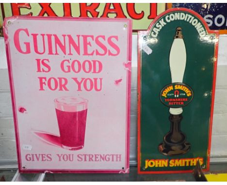 AN ENAMEL SIGN, 'JOHN SMITH'S YORKSHIRE BITTER' 42.5cm high and a reproduction Guinness sign (2)