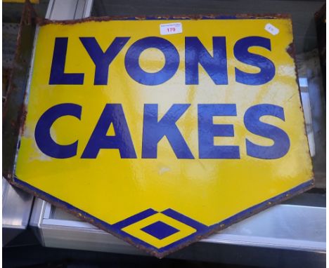 AN EARLY 20TH CENTURY DOUBLE SIDED ENAMEL SIGN, 'LYONS CAKES' 44cm wide