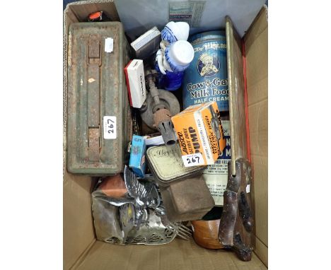 A VINTAGE CHROME PLATED CAR MASCOT in the form of an eagle, a chrome AA badge, tins and sundries