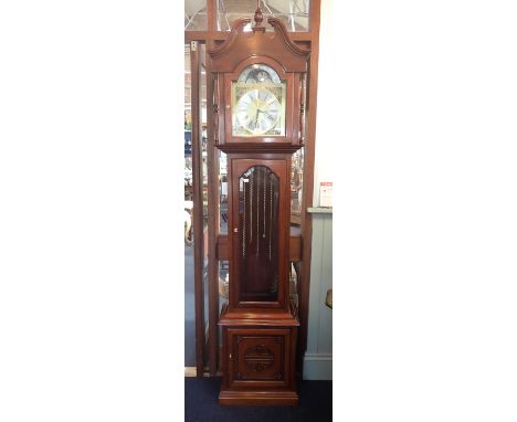 A CHINESE HARDWOOD LONG CASE CLOCK, with a German brass and silvered movement with moon, 210cm high, and a 1930's walnut cupb