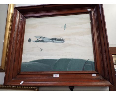 WWII INTEREST: A STUDY OF A GERMAN DORNIER BOMBER depicted from the wing of another aircraft, a British fighter plane shown b