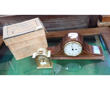 A SMALL MAHOGANY CASED MANTEL CLOCK, a small brass cased clock and a Vintage Ensign box camera  with original cardboard box (
