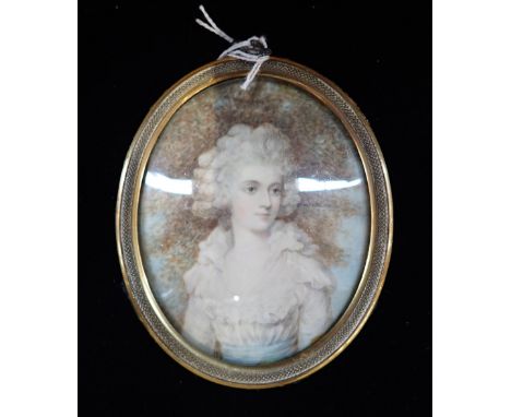 ENGLISH SCHOOL, PORTRAIT MINIATURE OF A LADY wearing a lace blouse tied at the waist with a blue sash, depicted standing in f