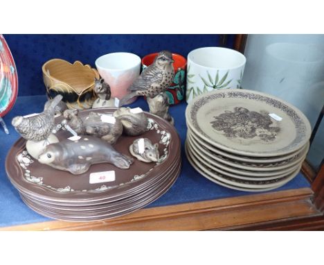 A COLLECTION OF POOLE POTTERY BARBARA LINLEY ADAMS STONEWARE PLATES, stoneware animals and four planters including Delphis, S