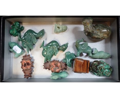 A COLLECTION OF CHINESE CARVED 'JADE' ANIMALS,  a similar fisherman  and a hardstone hippo
