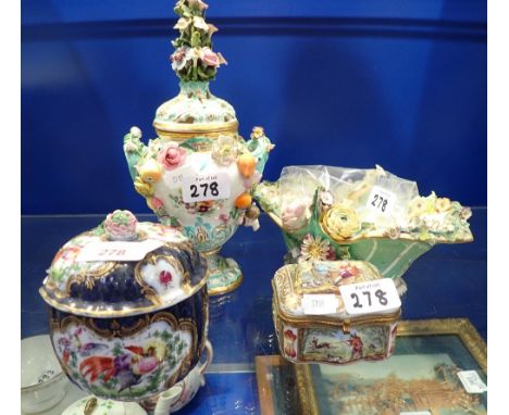 A WORCESTER STYLE POT AND COVER, an English floral encrusted basket and similar ceramics (examine)