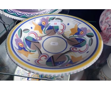 POOLE POTTERY: A CARTER STABLER ADAMS ART DECO FOOTED BOWL, shape 291, decorated in the TJ pattern, painted by Marjorie Batt,