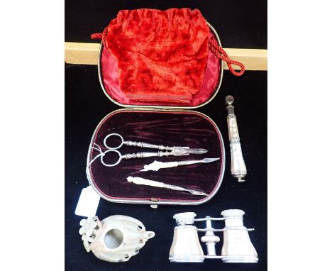 A PAIR OF EDWARDIAN MOTHER OF PEARL OPERA GLASSES (examine) a part manicure set and a soapstone vessel