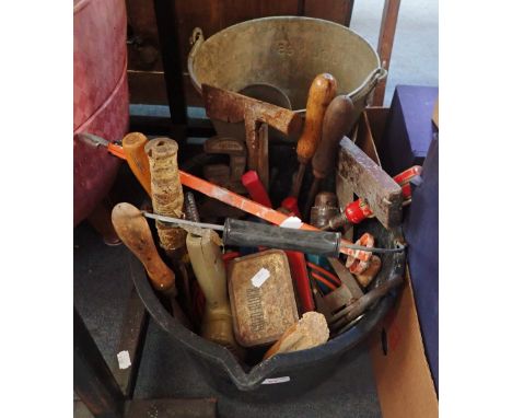 A COLLECTION OF HAND TOOLS, a galvanized bucket and a smaller example